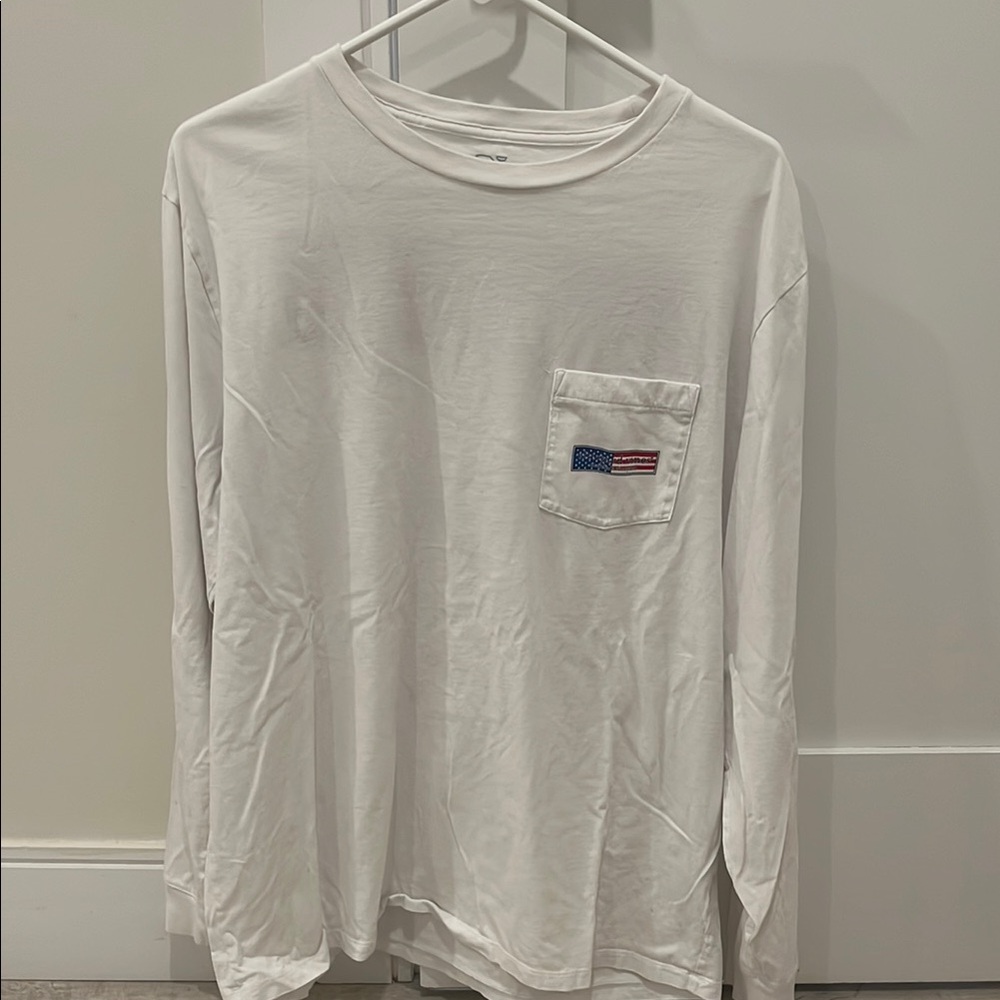 Vineyard Vines White Long Sleeve Tee with Flag Pocket